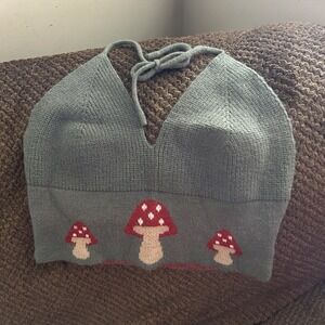 Mushroom Halter Top Womens Large Green Knit Y2K Festival Boho Hippie V-neck L